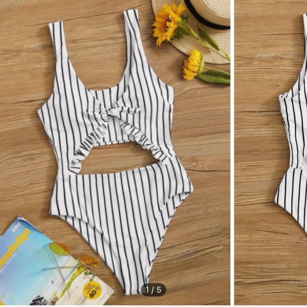 1 piece white with black stripe tankini size L